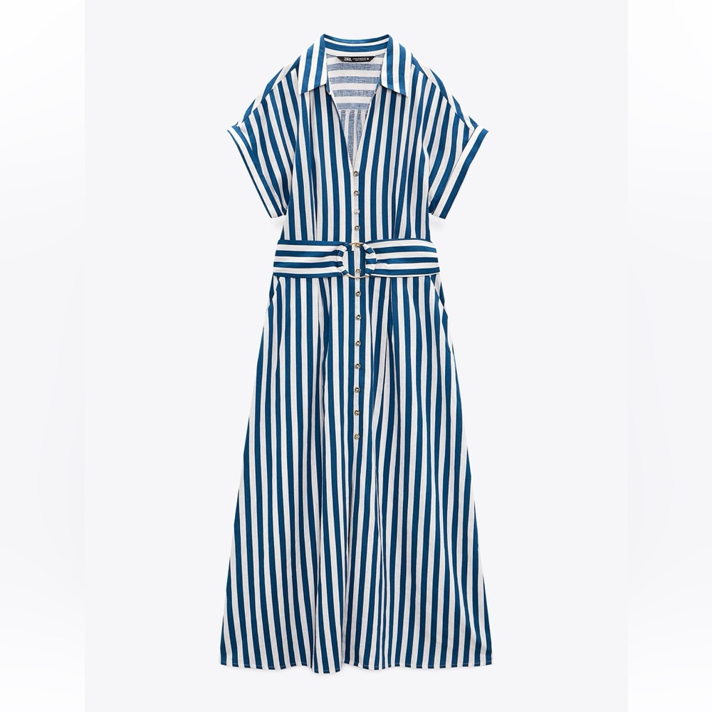 Zara Striped Blue & White Linen Maxi Dress Size XL Like New.